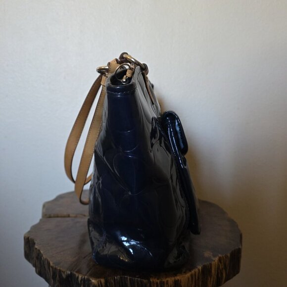Coach Leah Embossed Patent Leather Tote Bag Navy Blue Tan Trim Turnlock Shoulder - Picture 13 of 16